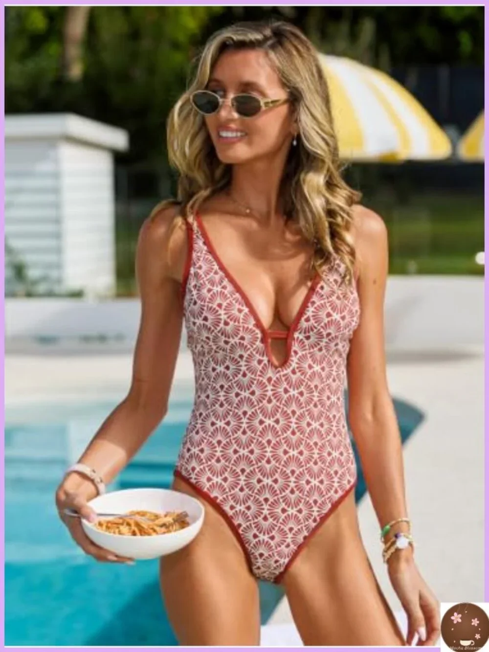 One Piece Swimsuit V Neck Keyhole Adjustable Straps Removable Pads